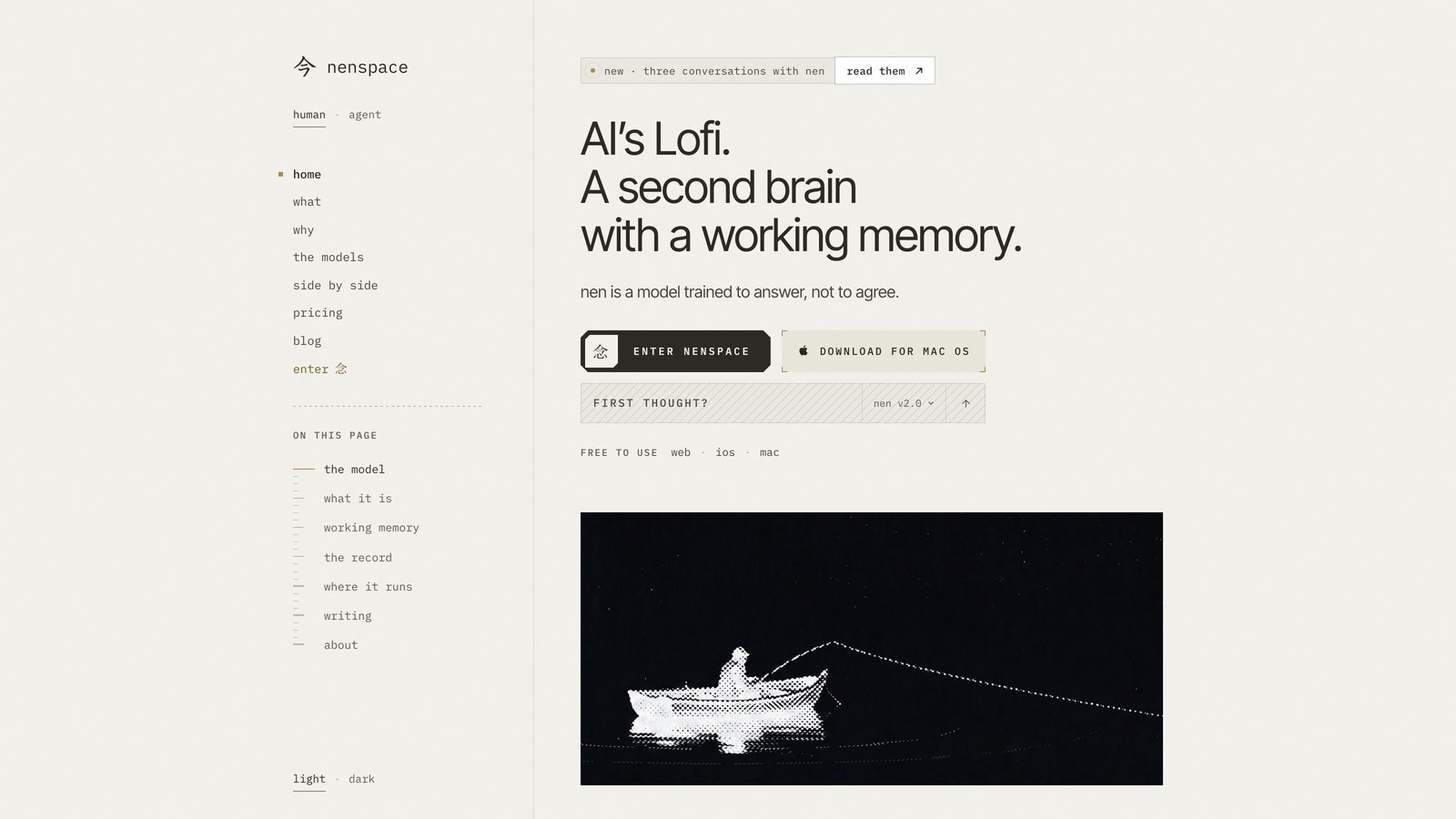 nenspace landing page showing the AI’s Lofi headline and a sample nen reply